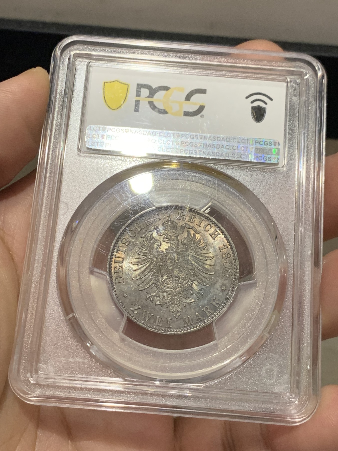 《竞宝斋》第207场-周日，周一 2场 (全场包邮) PCGS-MS65 普鲁士1888年弗里德里希三世短翅2马克银币 五彩包浆