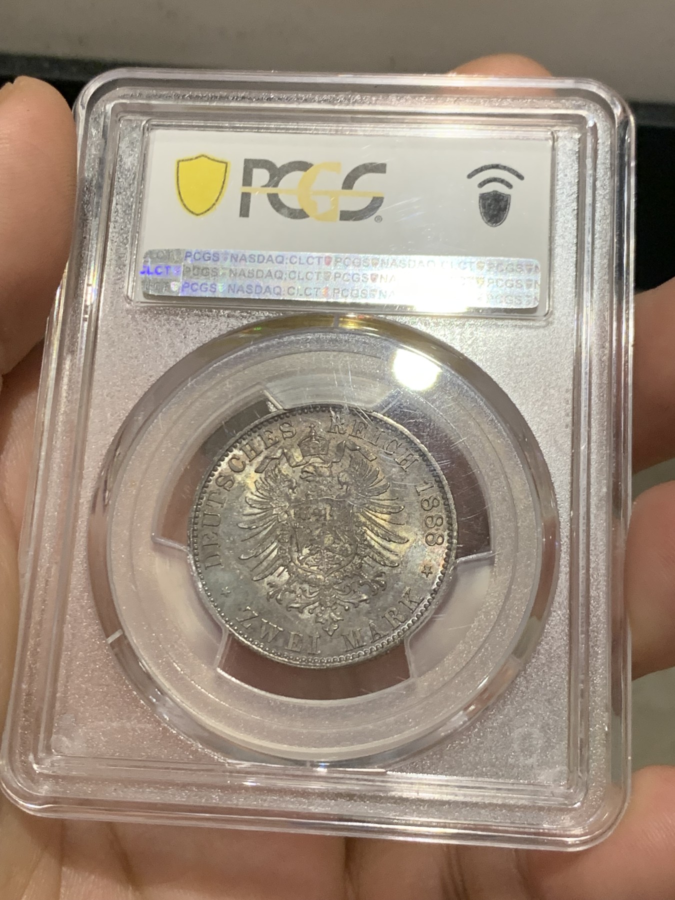 《竞宝斋》第207场-周日，周一 2场 (全场包邮) PCGS-MS65 普鲁士1888年弗里德里希三世短翅2马克银币 五彩包浆