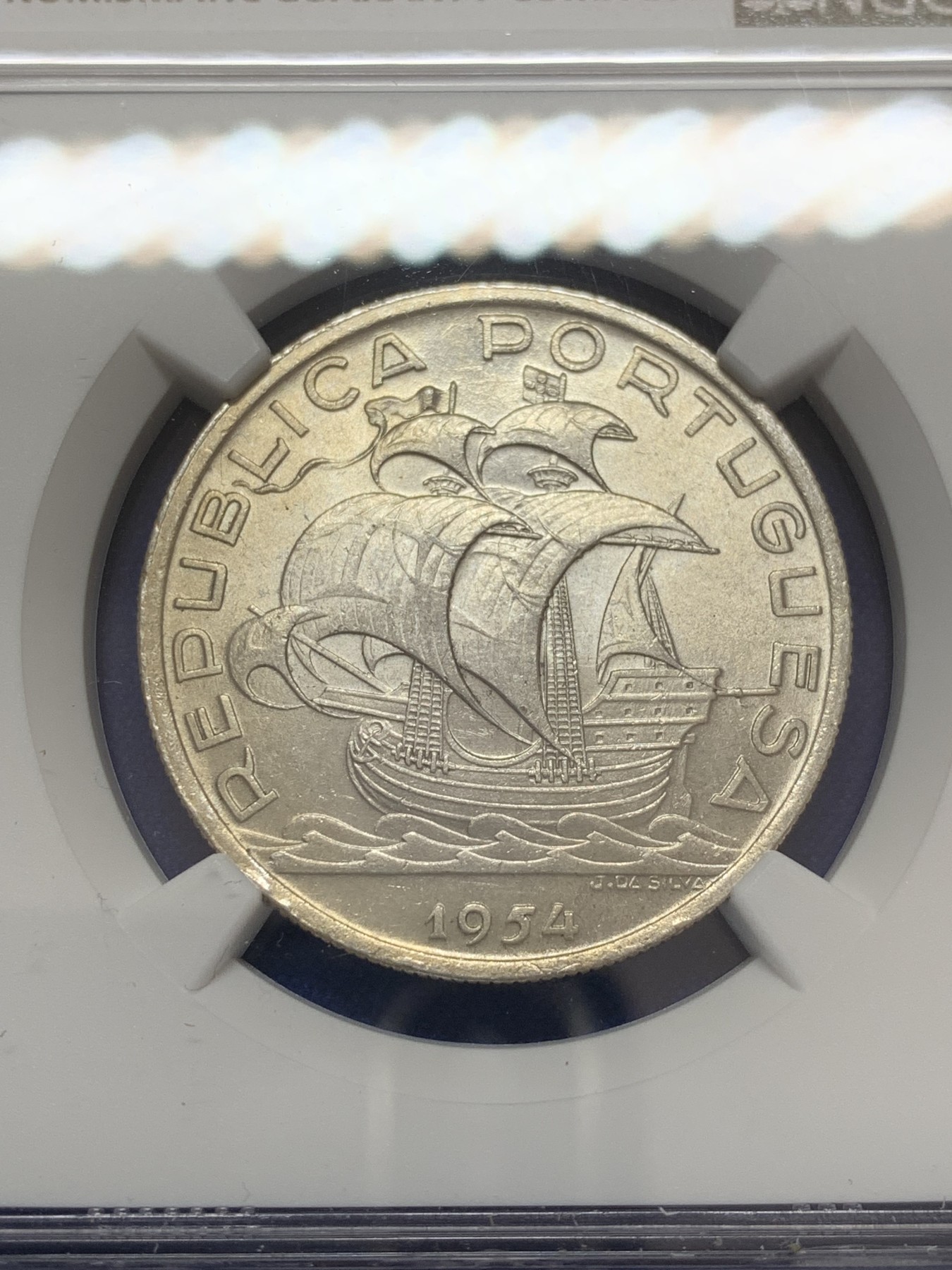 《竞宝斋》第207场-周日，周一 2场 (全场包邮) NGC-MS64 葡萄牙1954年大帆船10埃斯库多银币