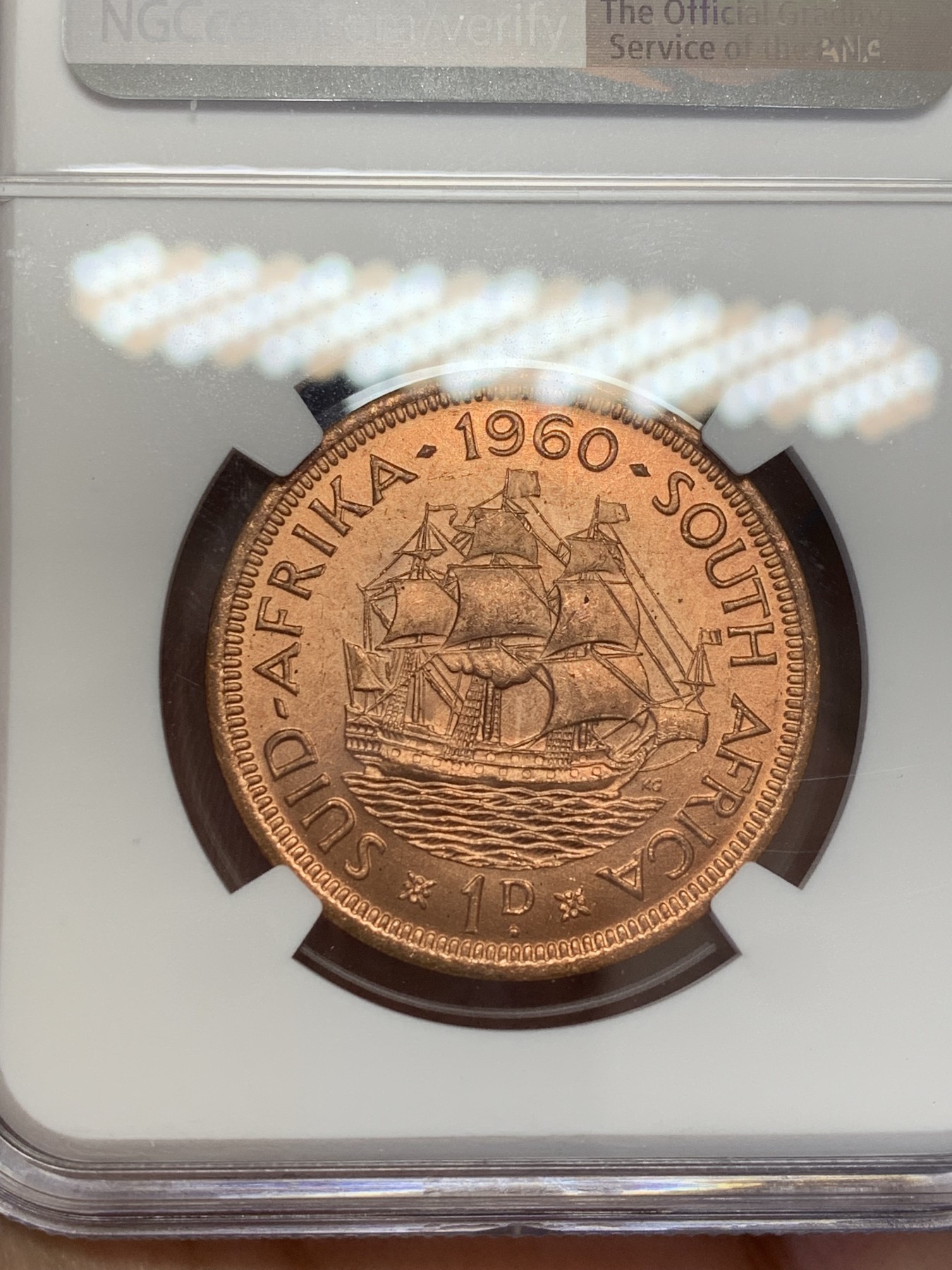 《竞宝斋》第207场-周日，周一 2场 (全场包邮) NGC-MS64 伊丽莎白二世1960年英属南非一便士铜币一枚，光度好收藏一步到位