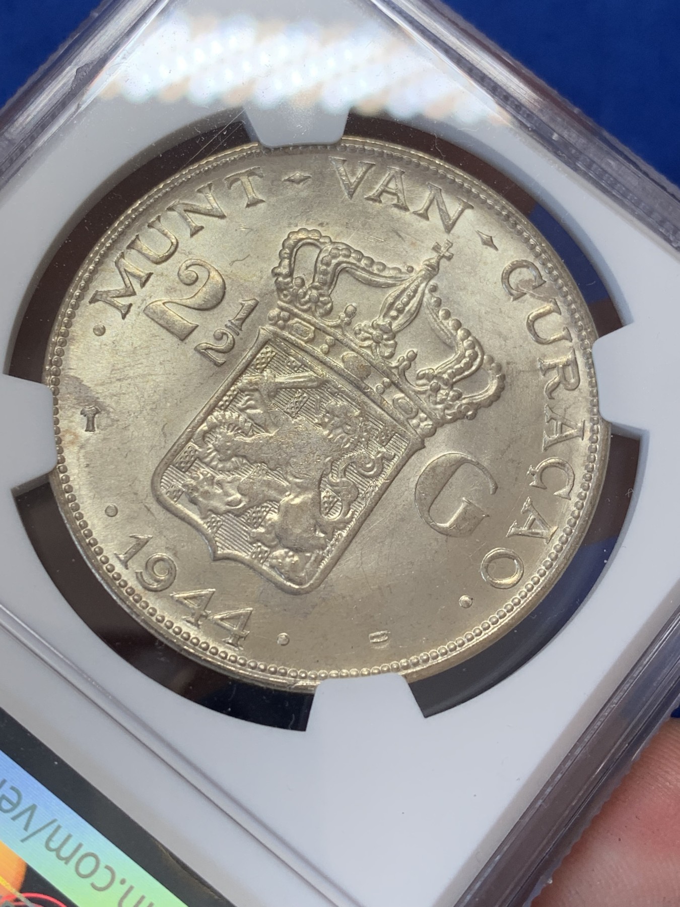 《竞宝斋》第207场-周日，周一 2场 (全场包邮) NGC MS62 1944-D年荷属库拉索威廉明娜女王2.5盾大银币