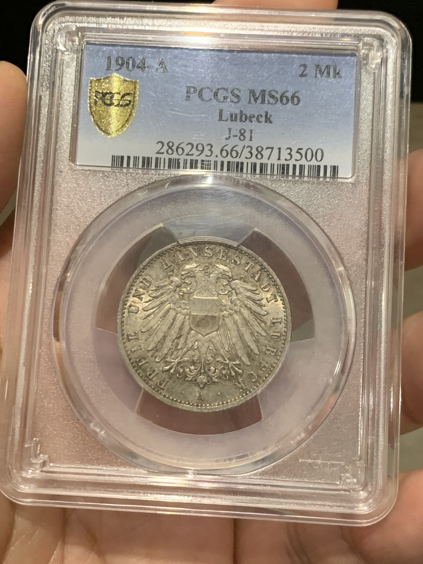 《竞宝斋》第207场-周日，周一 2场 (全场包邮) PCGS MS66 德国1904吕贝克自由市双头鹰2马克银币 高分好包浆