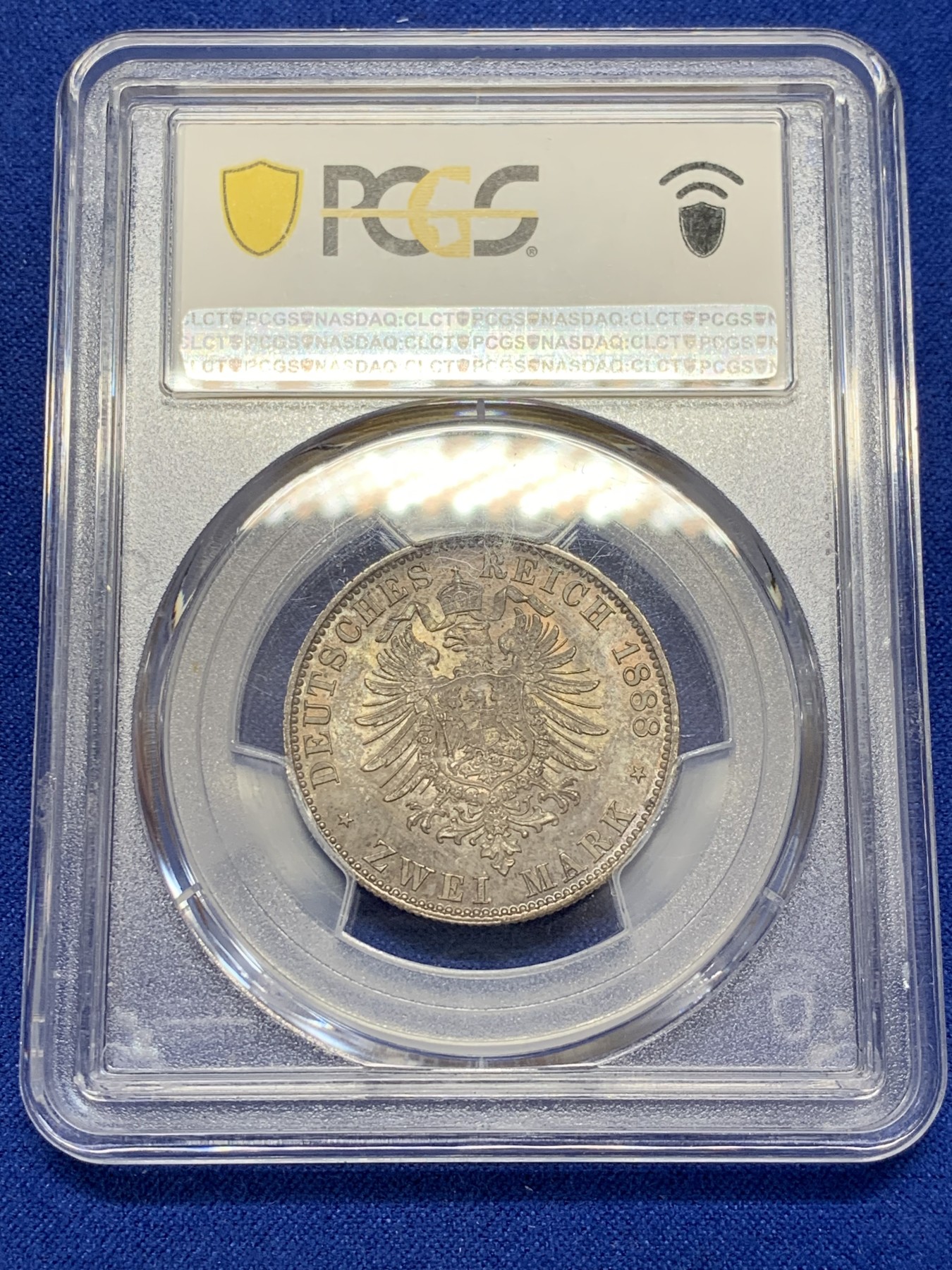 《竞宝斋》第207场-周日，周一 2场 (全场包邮) PCGS-MS65 普鲁士1888年弗里德里希三世短翅2马克银币 五彩包浆