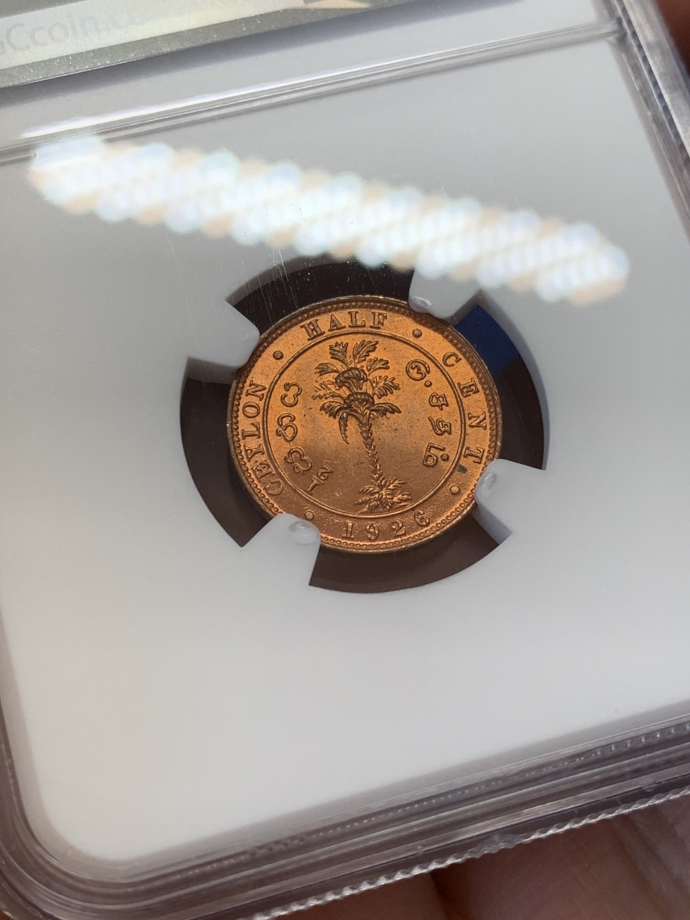 《竞宝斋》第207场-周日，周一 2场 (全场包邮) NGC-MS65RD 英属锡兰 1926年 1/2分铜币 乔治五世 原红铜光 极品品相