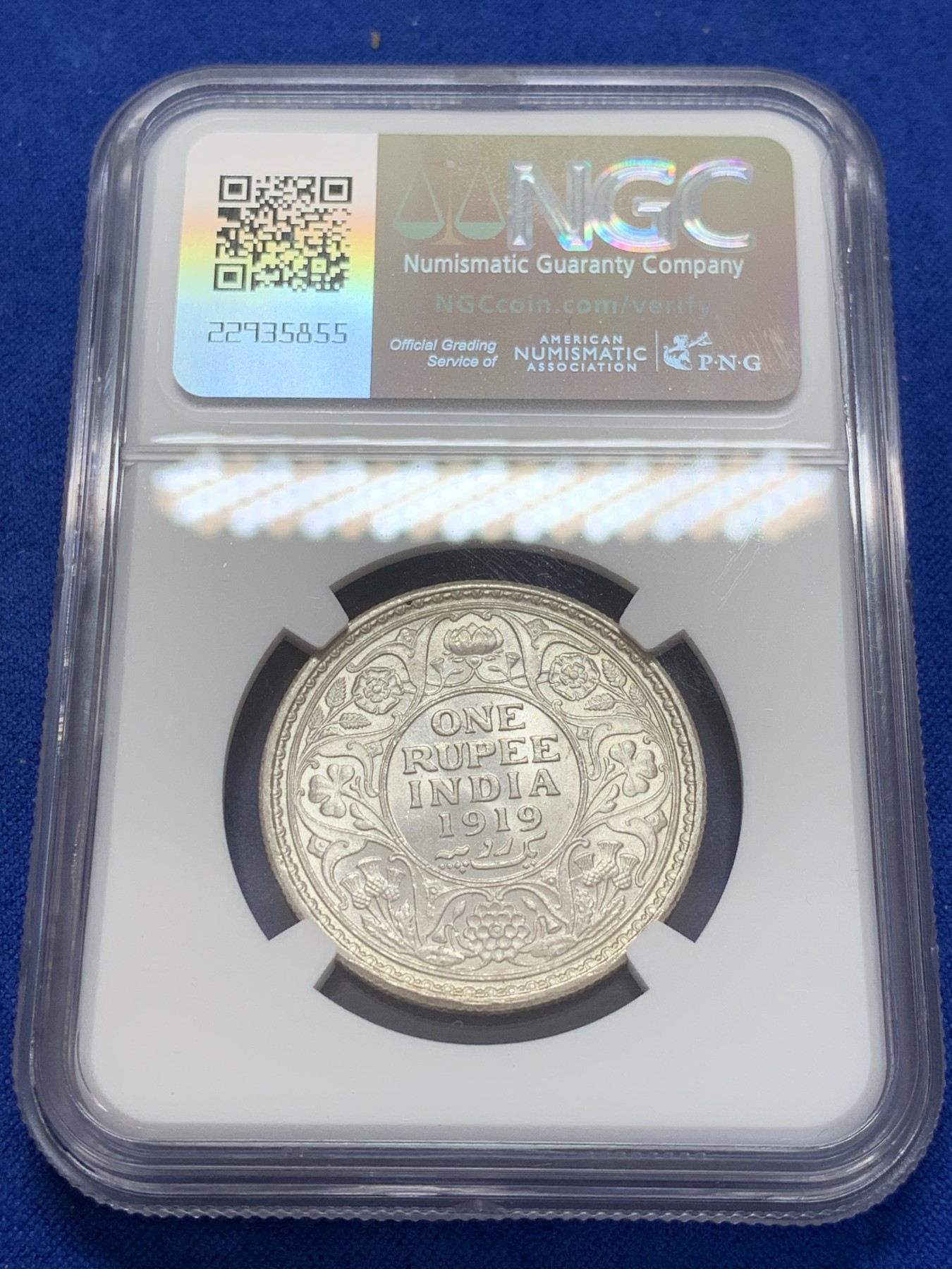 《竞宝斋》第207场-周日，周一 2场 (全场包邮) NGC-MS64 英属印度1919年C版乔五1卢比银币 高分稀少