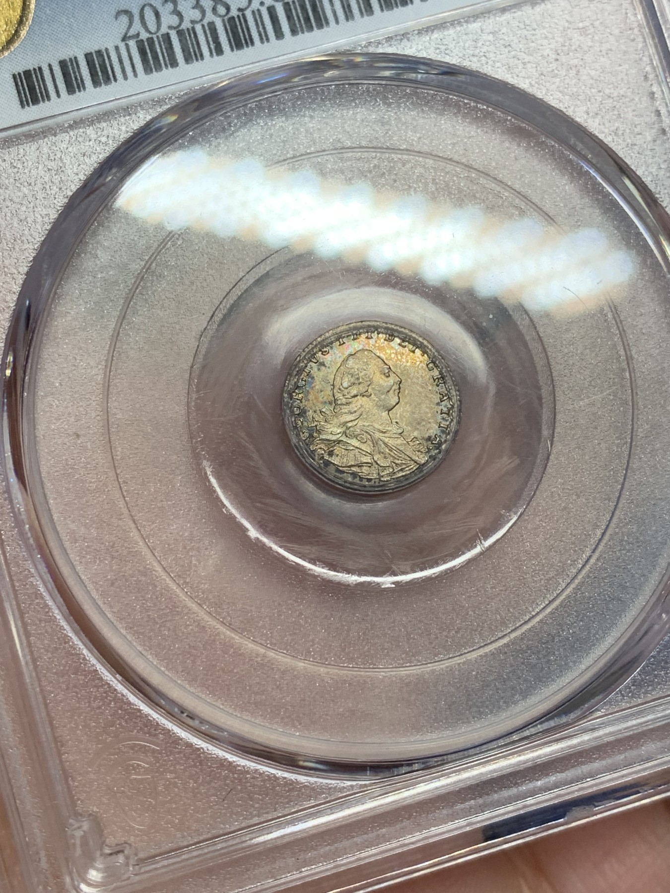 《竞宝斋》第207场-周日，周一 2场 (全场包邮) PCGS MS63 英国1800年乔治三世1便士银币，五彩包浆人像完美