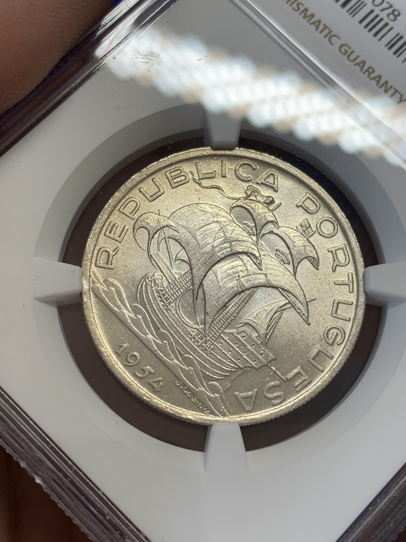 《竞宝斋》第207场-周日，周一 2场 (全场包邮) NGC-MS64 葡萄牙1954年大帆船10埃斯库多银币