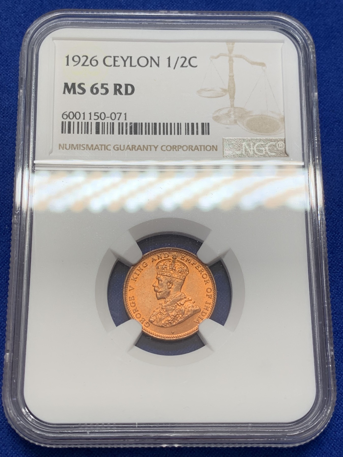 《竞宝斋》第207场-周日，周一 2场 (全场包邮) NGC-MS65RD 英属锡兰 1926年 1/2分铜币 乔治五世 原红铜光 极品品相