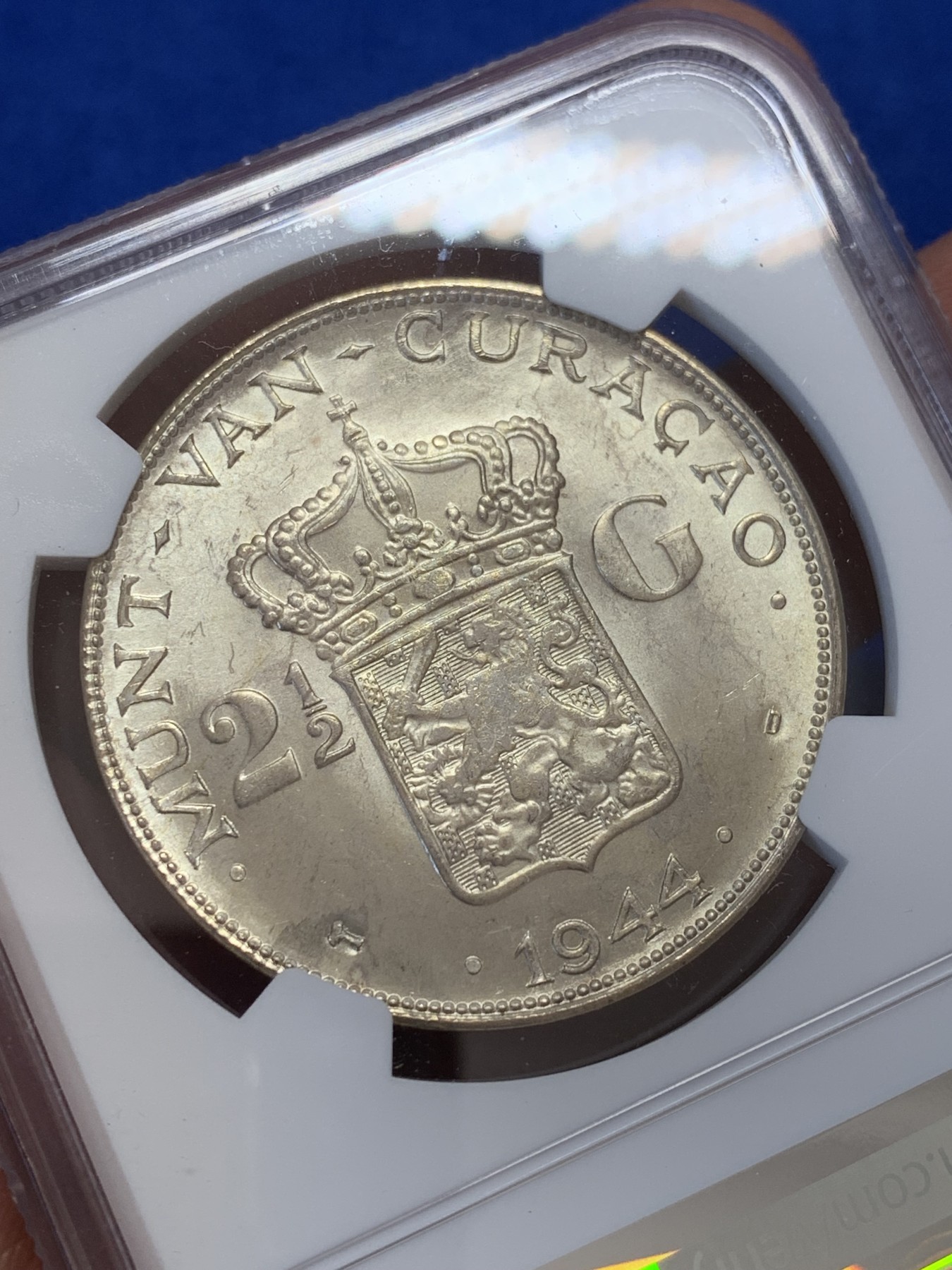 《竞宝斋》第207场-周日，周一 2场 (全场包邮) NGC MS62 1944-D年荷属库拉索威廉明娜女王2.5盾大银币