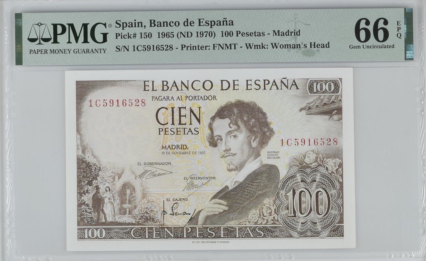 紫瑗钱币——第318期拍卖—纸币场 【PMG 66EPQ】西班牙 1965年 古斯塔沃·阿道夫·贝克凯尔 100比塞塔 (P-150)