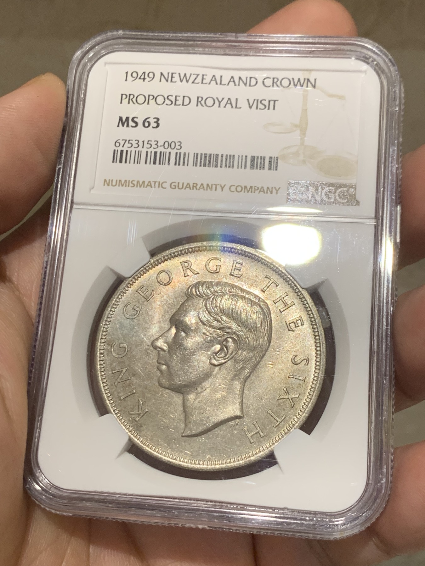 《竞宝斋》第207场-周日，周一 2场 (全场包邮) NGC-MS63 新西兰1949年乔六皇家访问1克朗大银币 高分好状态