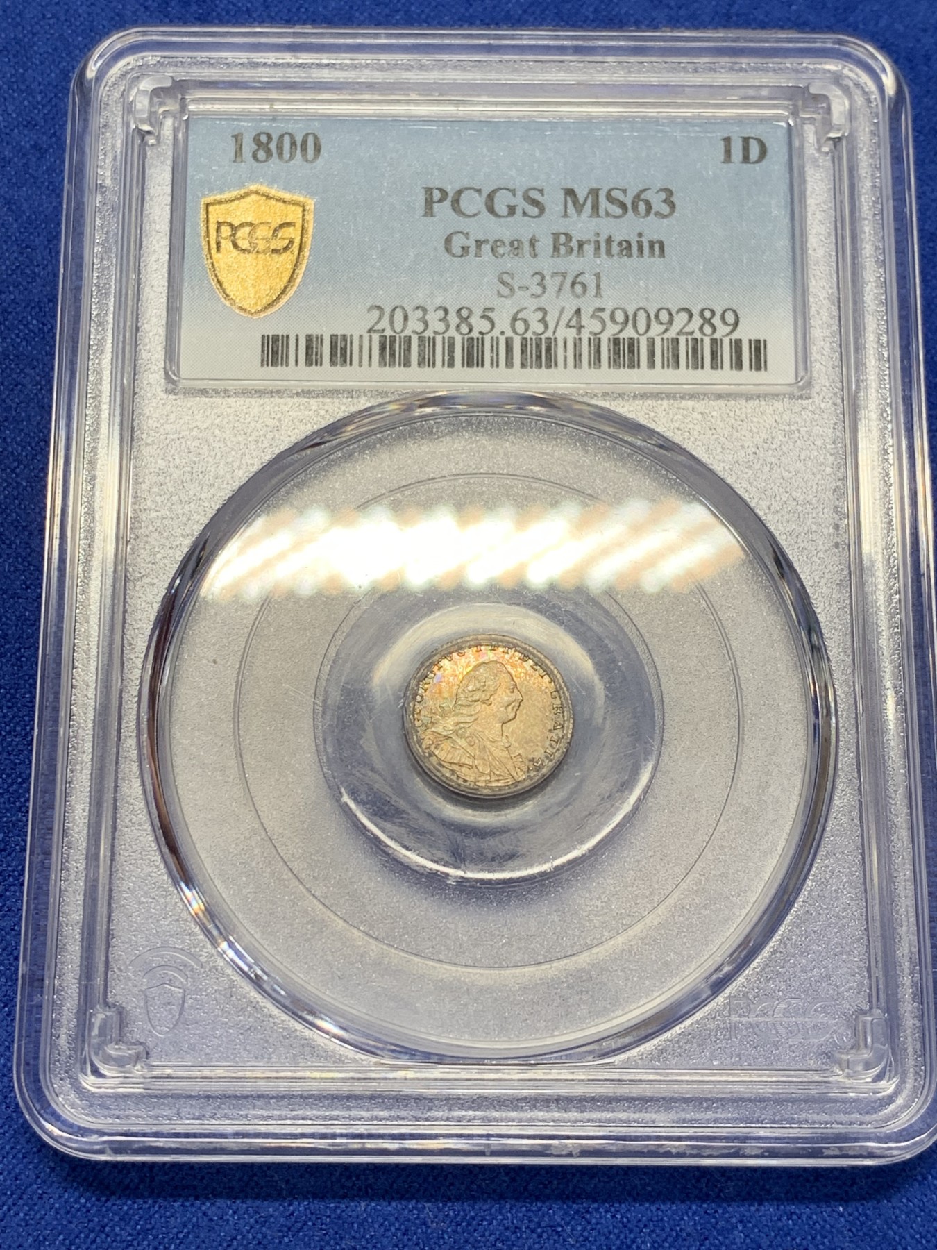 《竞宝斋》第207场-周日，周一 2场 (全场包邮) PCGS MS63 英国1800年乔治三世1便士银币，五彩包浆人像完美