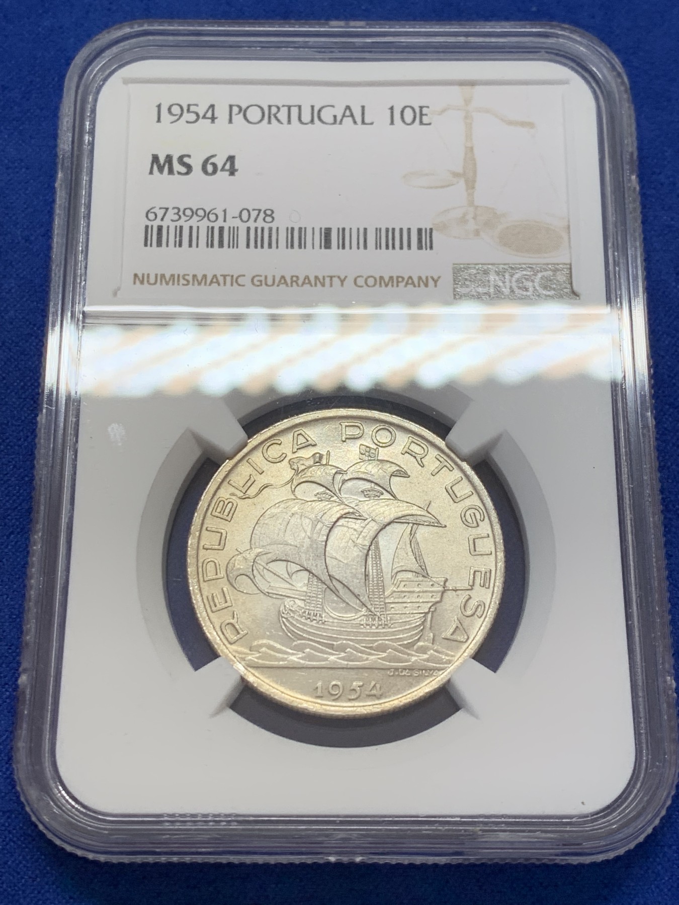 《竞宝斋》第207场-周日，周一 2场 (全场包邮) NGC-MS64 葡萄牙1954年大帆船10埃斯库多银币