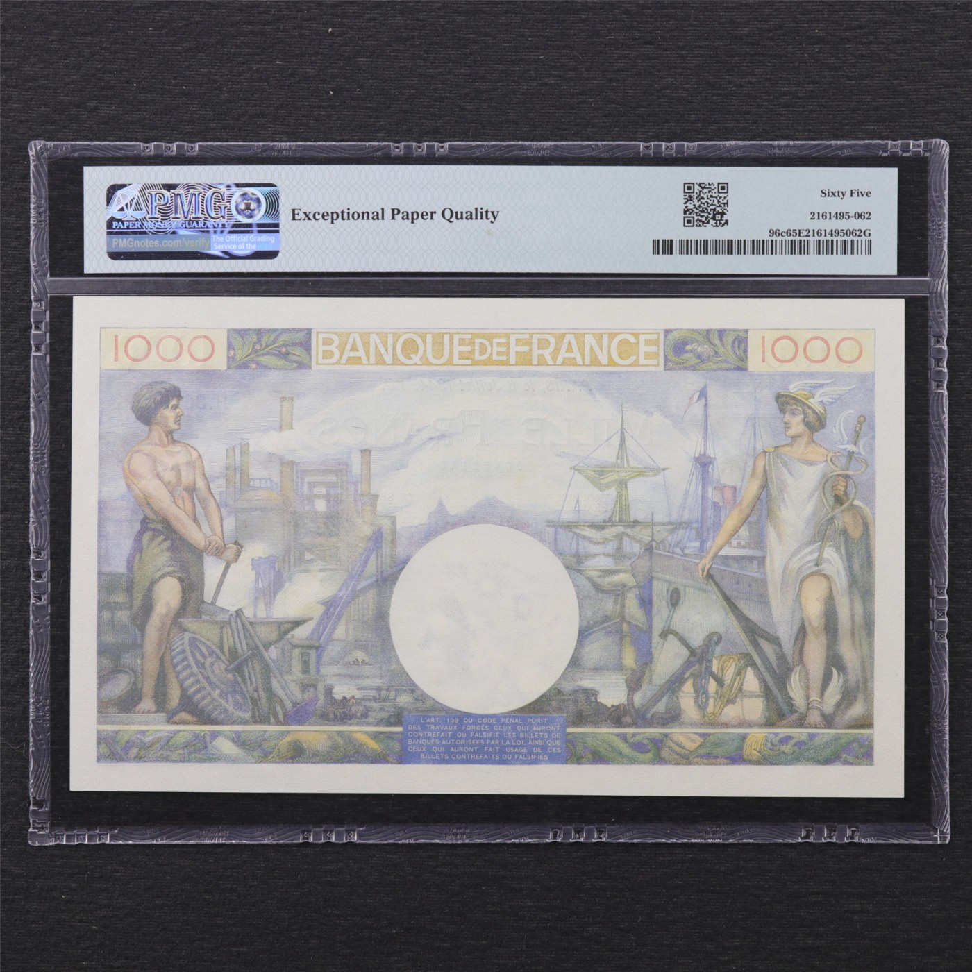 【亘邦集藏】第176期拍卖 1944年 法国1000法郎 PMG 65EPQ H3620 140