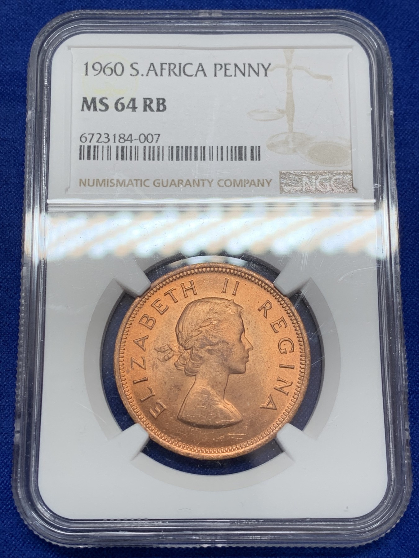 《竞宝斋》第207场-周日，周一 2场 (全场包邮) NGC-MS64 伊丽莎白二世1960年英属南非一便士铜币一枚，光度好收藏一步到位