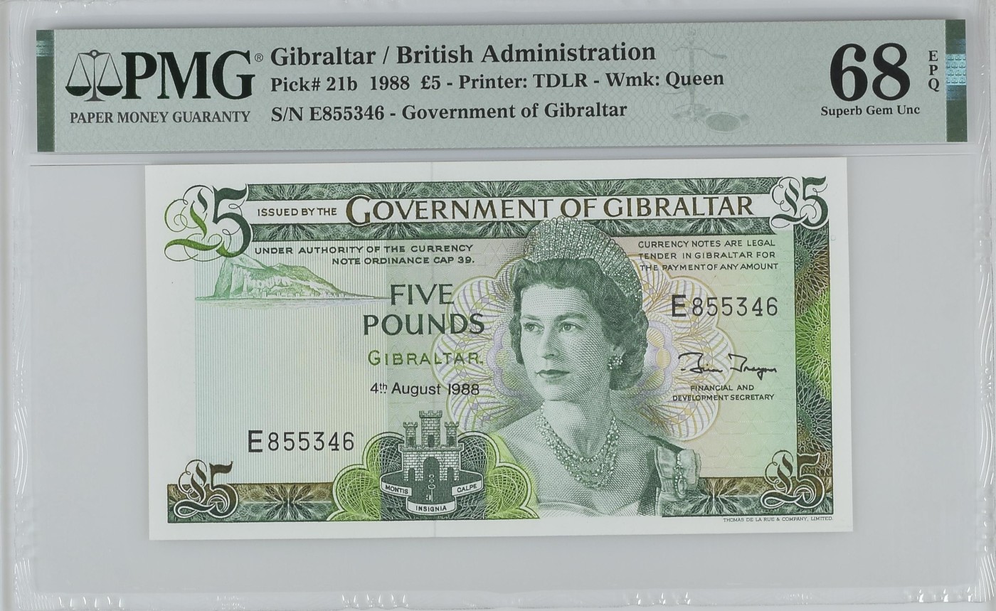 紫瑗钱币——第318期拍卖—纸币场 【高分 PMG 68EPQ】直布罗陀 1988年 伊丽莎白二世 高冠 5镑 (P-21b)