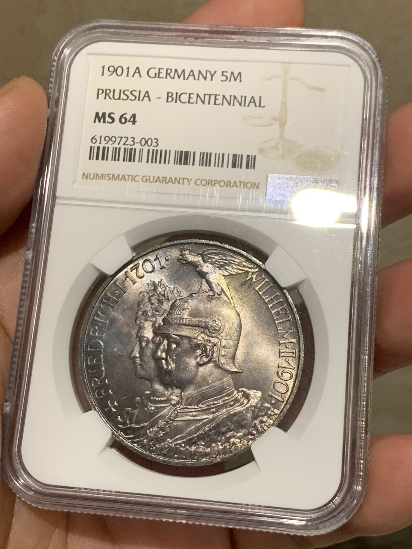 《竞宝斋》第207场-周日，周一 2场 (全场包邮) NGC-MS64 德国 普鲁士1901A 建国 5马克纪念银币 五马克人气品种卷首彩 光度好 难得