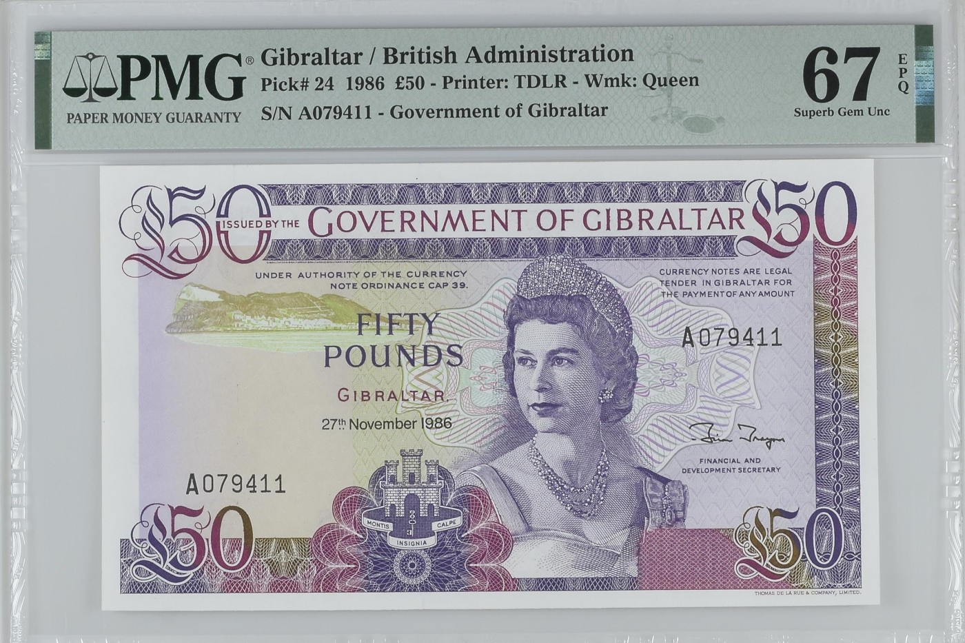 紫瑗钱币——第318期拍卖—纸币场 【首发A冠 PMG 67EPQ 双尾1】 直布罗陀 1986年 伊丽莎白二世 高冠 50镑 (P-24)