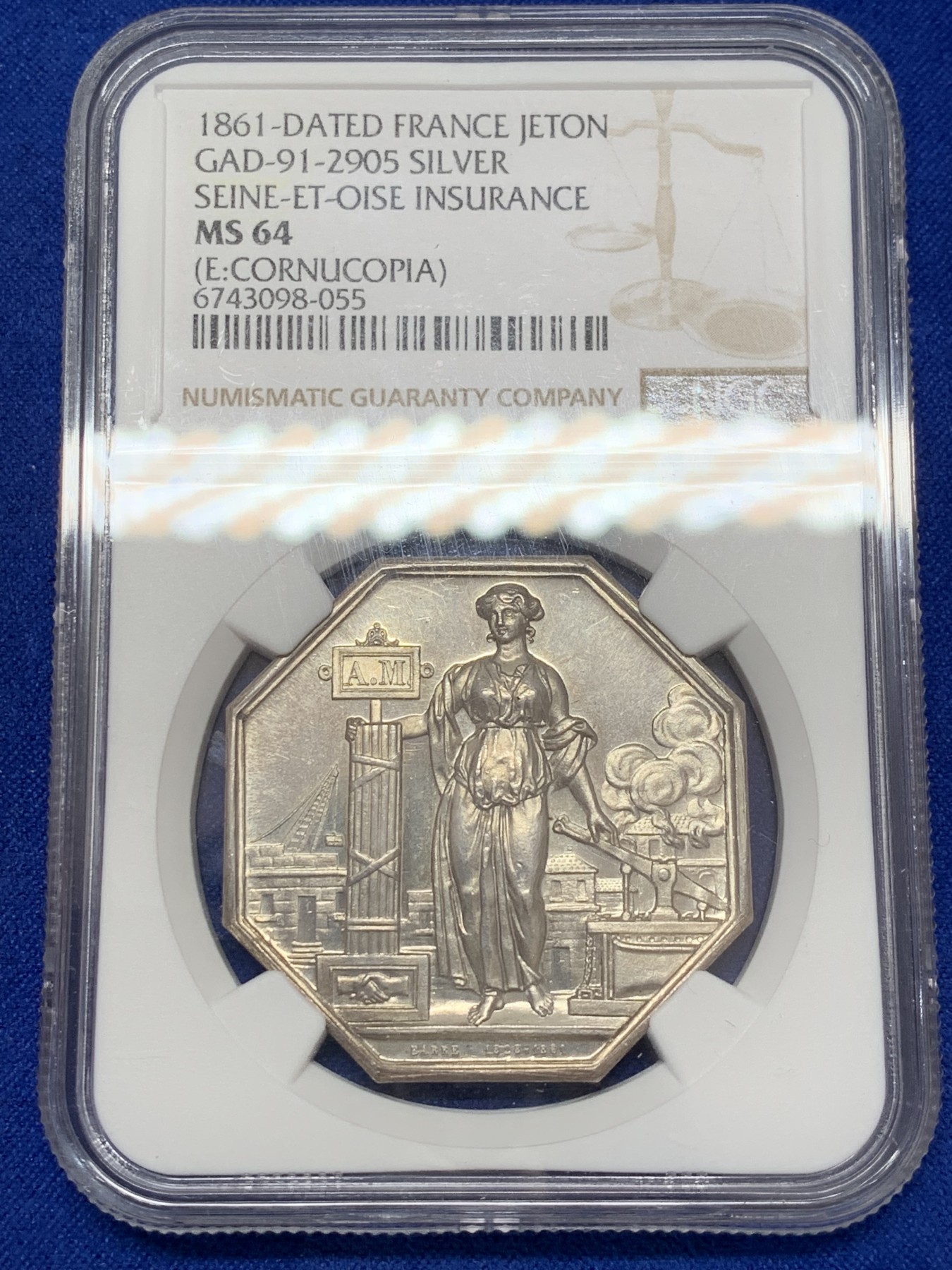 《竞宝斋》第207场-周日，周一 2场 (全场包邮) NGC-MS64 法国 1861年 塞纳-瓦兹省保险 八角银质代币 BARRE大师作品 类镜面，高分好品