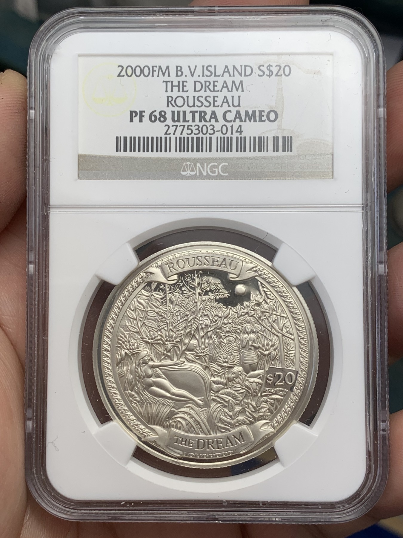 《竞宝斋》第207场-周日，周一 2场 (全场包邮) NGC PF68UC 2000年英属维京群岛名画系列之 亨利·卢梭—梦境20$银币 首见。