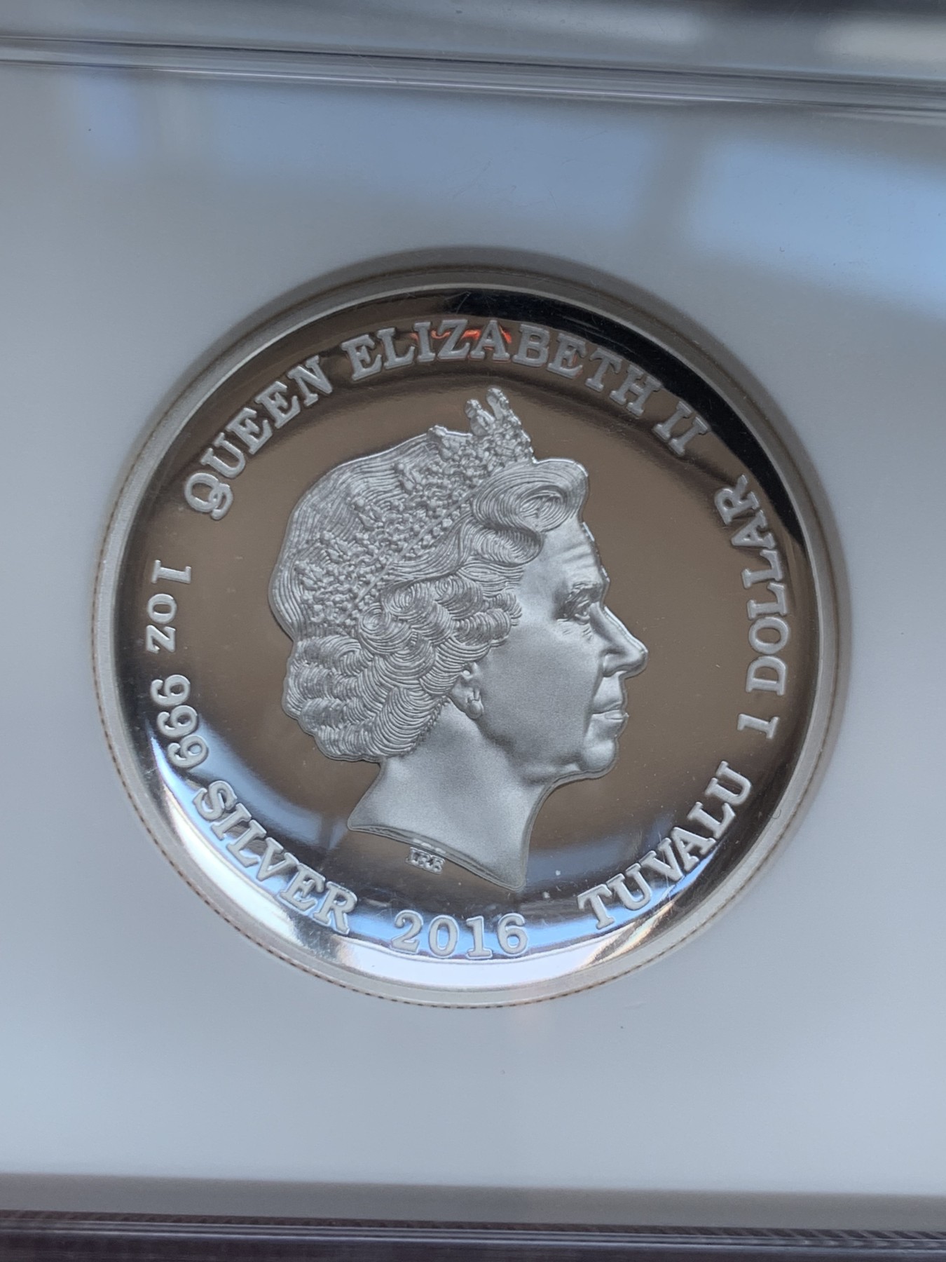 《竞宝斋》第207场-周日，周一 2场 (全场包邮) NGC PF70 Ultra Cameo 2016年图瓦卢1美元纪念银币，中国四大神兽题材，超高浮雕凹形镜面工艺精美绝伦，加厚盒封装特殊龙凤标签 盒证齐全！