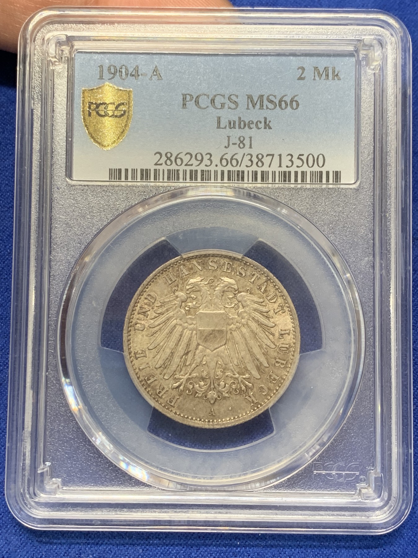《竞宝斋》第207场-周日，周一 2场 (全场包邮) PCGS MS66 德国1904吕贝克自由市双头鹰2马克银币 高分好包浆