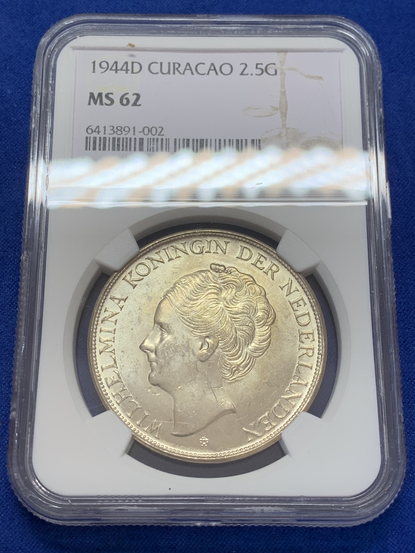 《竞宝斋》第207场-周日，周一 2场 (全场包邮) NGC MS62 1944-D年荷属库拉索威廉明娜女王2.5盾大银币