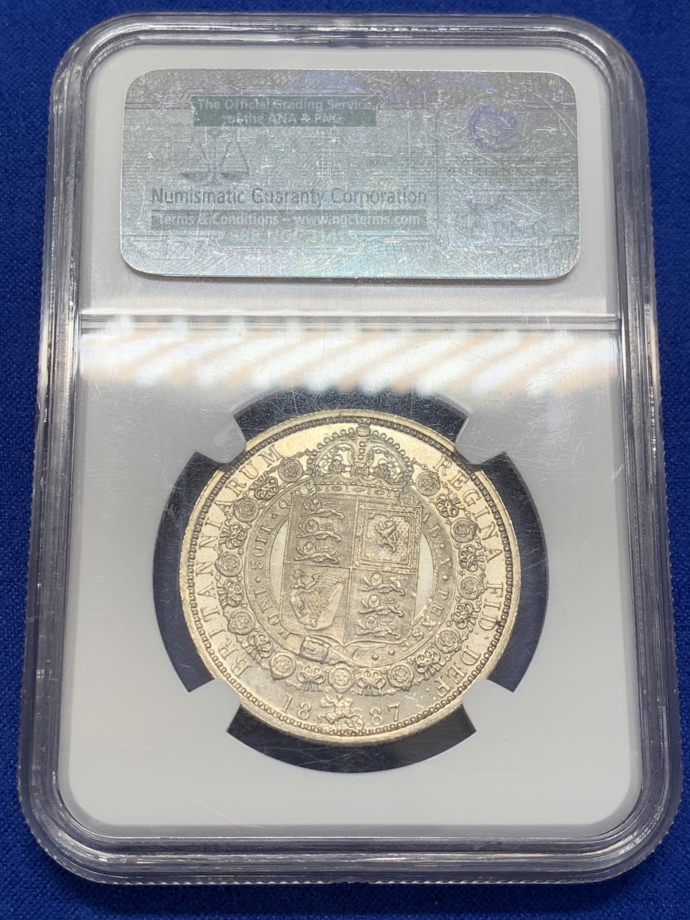 《竞宝斋》第207场-周日，周一 2场 (全场包邮) NGC-MS63 英国1887年维多利亚高冠1/2克朗 半克朗 老盒好转光 实物更好