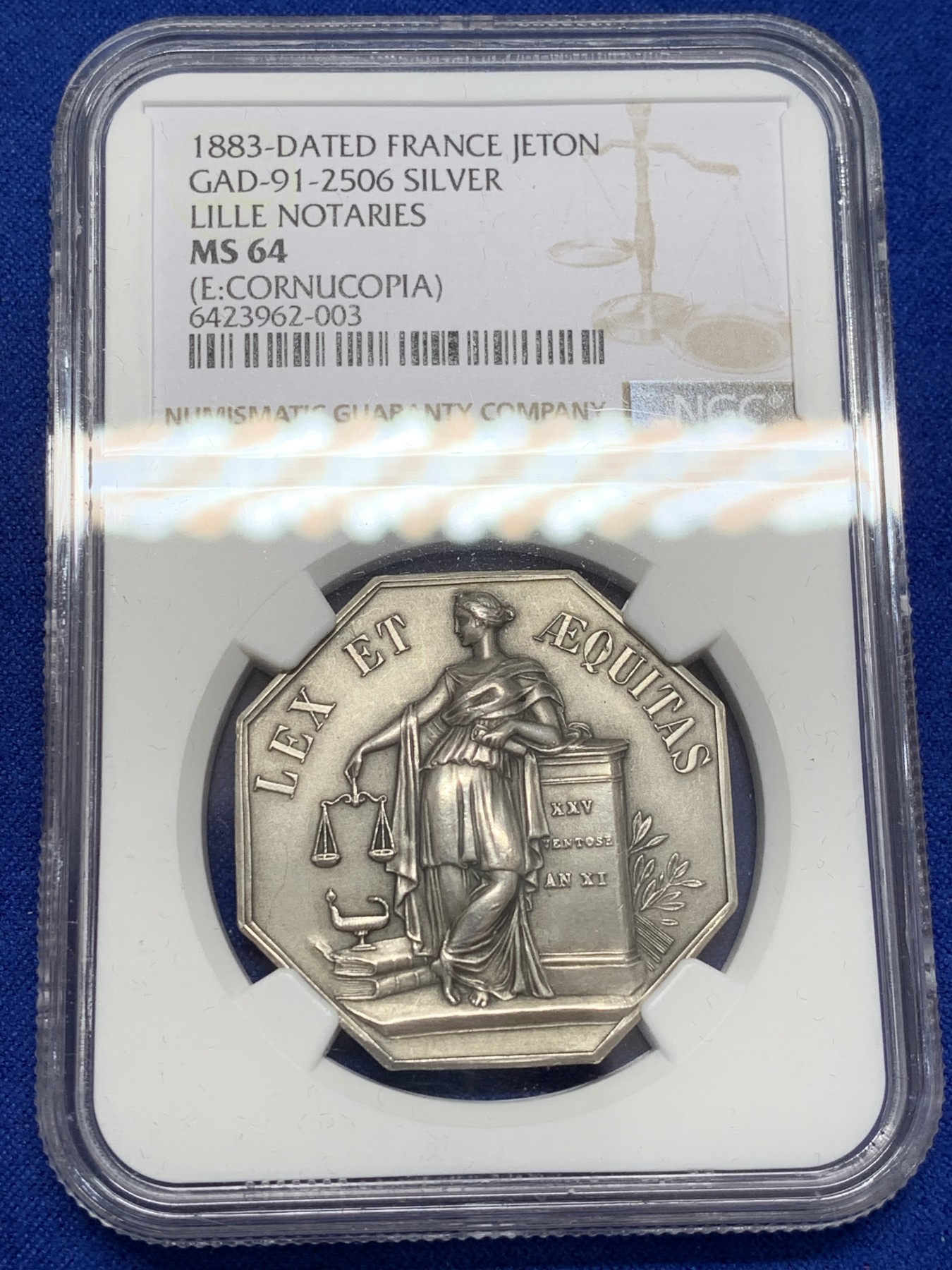 《竞宝斋》第207场-周日，周一 2场 (全场包邮) NGC MS64 法国 1883年 里尔公证人八角银币代币