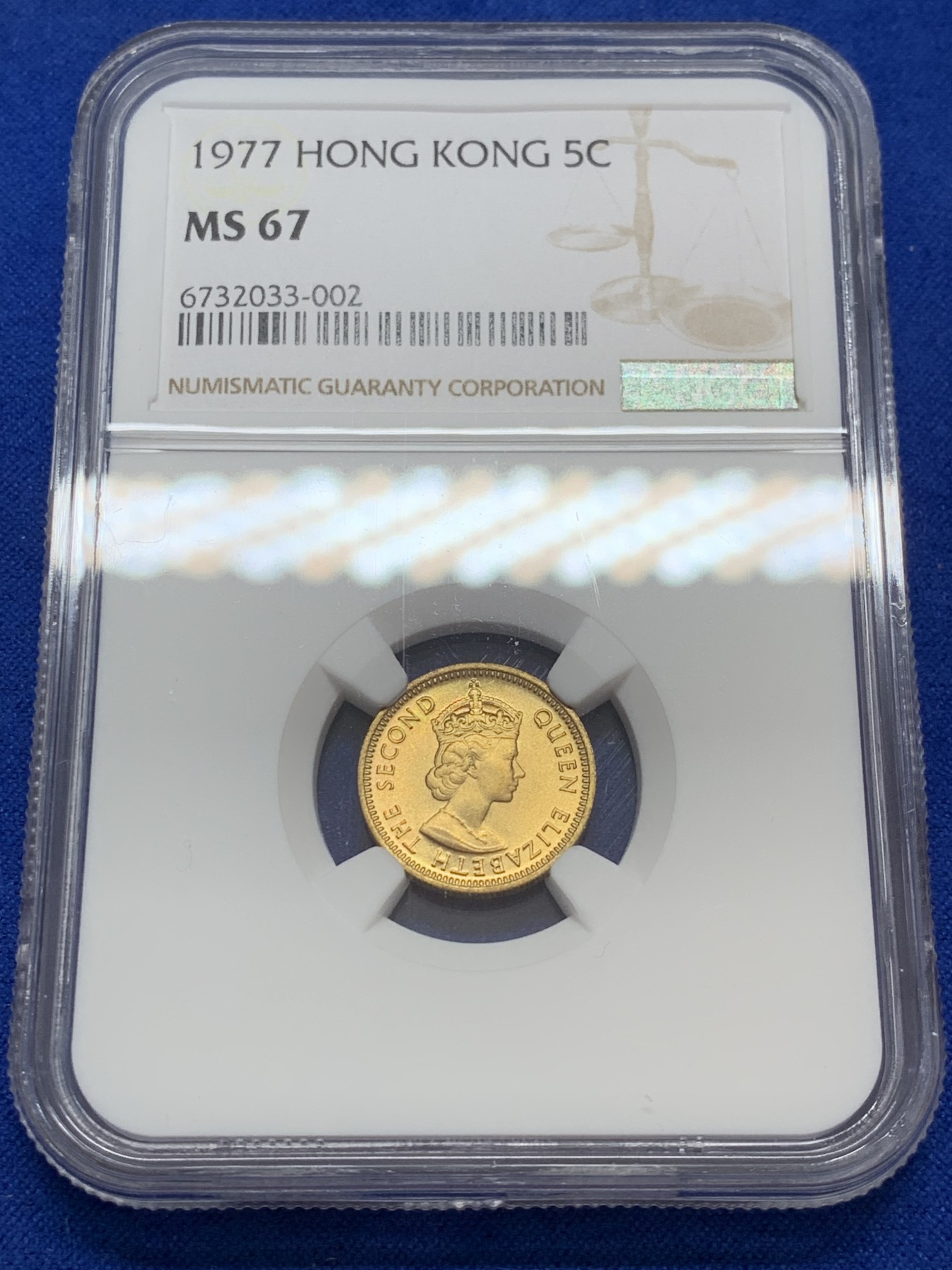 《竞宝斋》第207场-周日，周一 2场 (全场包邮) NGC-MS67 香港 1977年 五仙 伊丽莎白二世 原卷拆状态 冠军分！！！