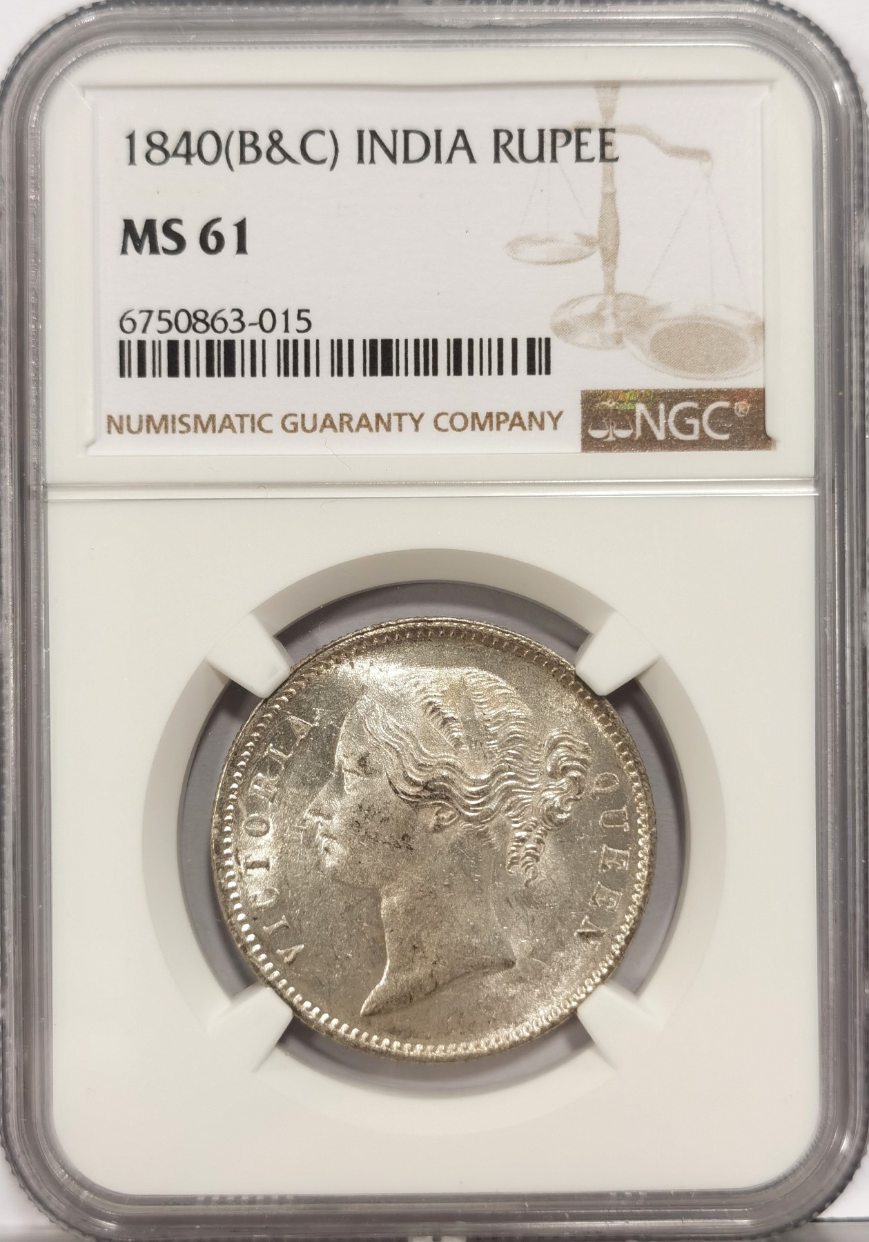 博洋堂世界钱币拍卖第048期（全场包邮） NGC MS61 英属东印度公司1840年B&C版维多利亚1卢比银币，双辫版