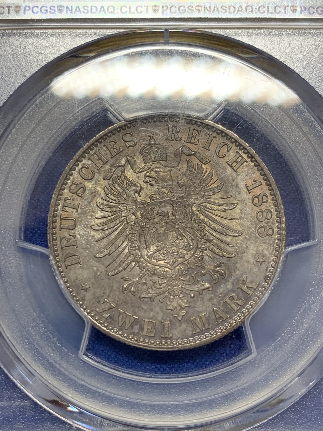 《竞宝斋》第207场-周日，周一 2场 (全场包邮) PCGS-MS65 普鲁士1888年弗里德里希三世短翅2马克银币 五彩包浆