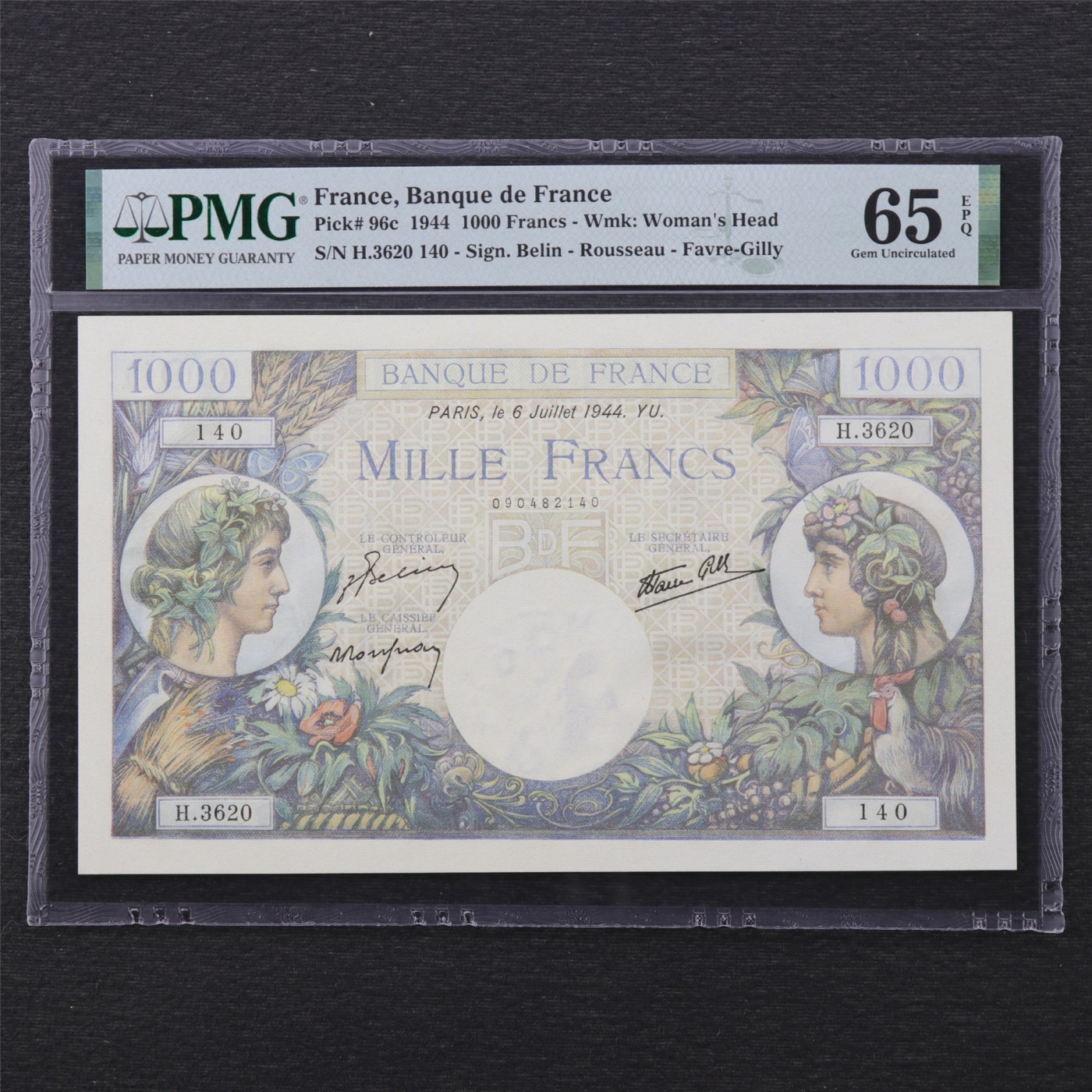 【亘邦集藏】第176期拍卖 1944年 法国1000法郎 PMG 65EPQ H3620 140