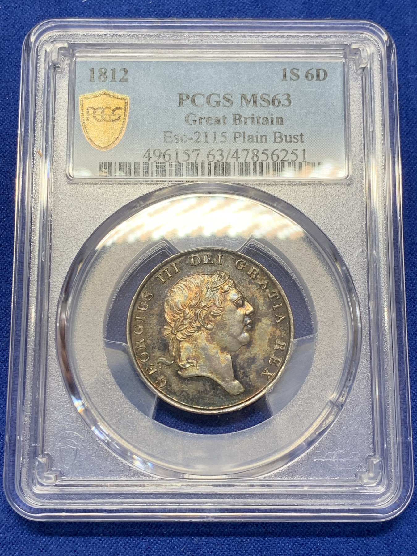 《竞宝斋》第207场-周日，周一 2场 (全场包邮) PCGS MS63 英国1812年乔治三世1先令6便士银币，五彩包浆，第二名，更高分就1个