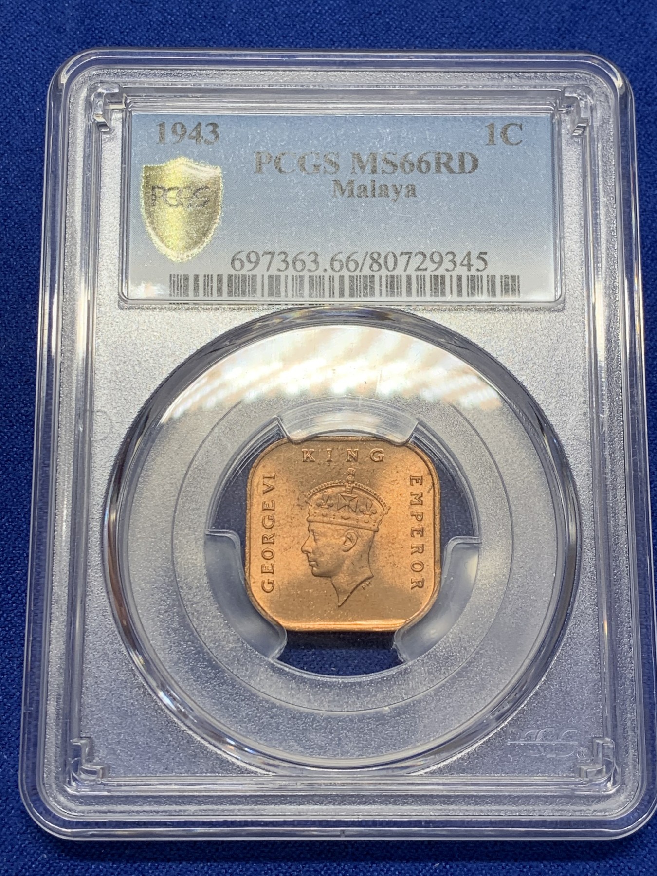 《竞宝斋》第207场-周日，周一 2场 (全场包邮) PCGS-MS66RD 英属马来亚 1943年 1分铜币 乔治六世 冠军分！极品原红铜光！