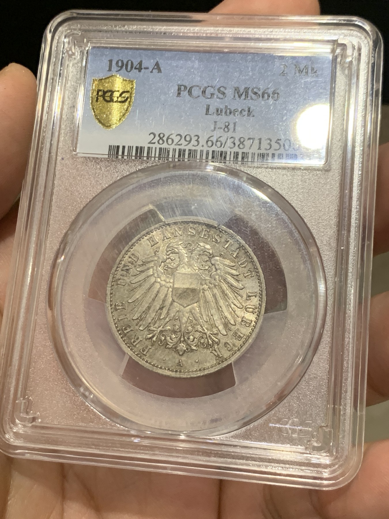 《竞宝斋》第207场-周日，周一 2场 (全场包邮) PCGS MS66 德国1904吕贝克自由市双头鹰2马克银币 高分好包浆