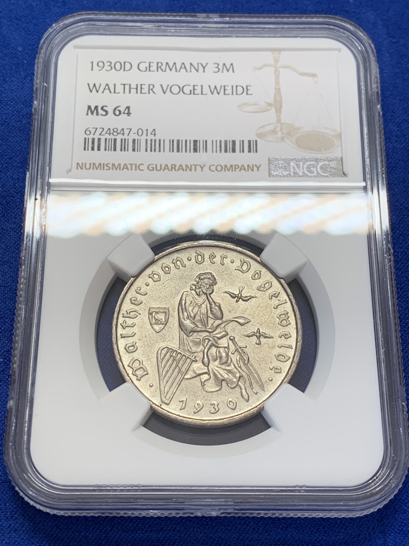 《竞宝斋》第207场-周日，周一 2场 (全场包邮) NGC-MS64 魏玛德国1930年游吟诗人3马克纪念银币
