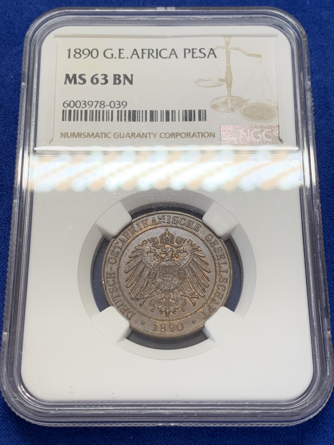 《竞宝斋》第207场-周日，周一 2场 (全场包邮) NGC-MS63德属东非1890年一派沙铜币 两种文化的结合 少见品种