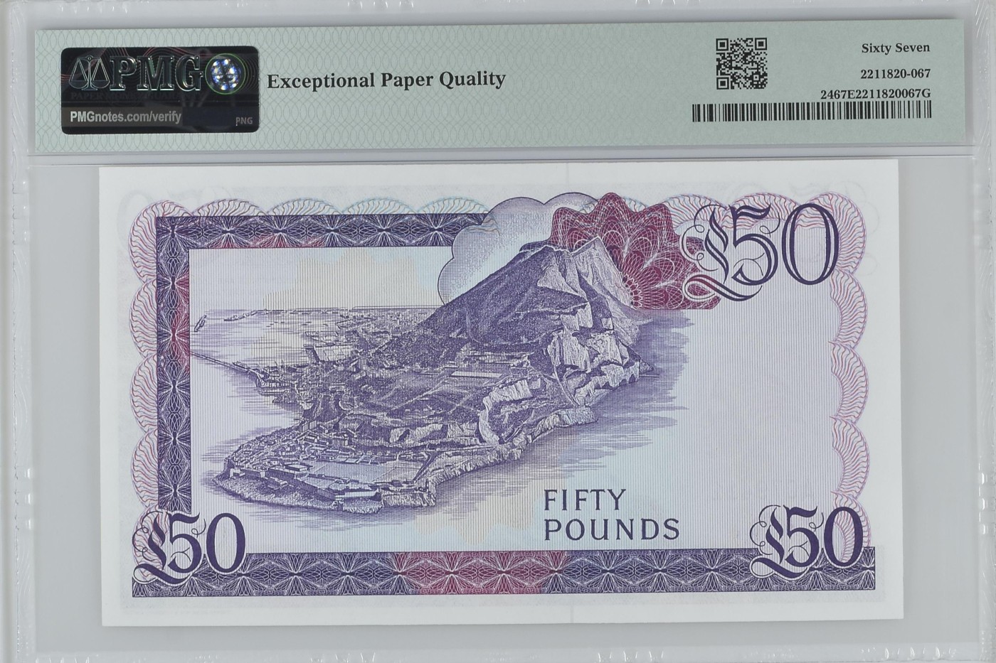 紫瑗钱币——第318期拍卖—纸币场 【首发A冠 PMG 67EPQ 双尾1】 直布罗陀 1986年 伊丽莎白二世 高冠 50镑 (P-24)