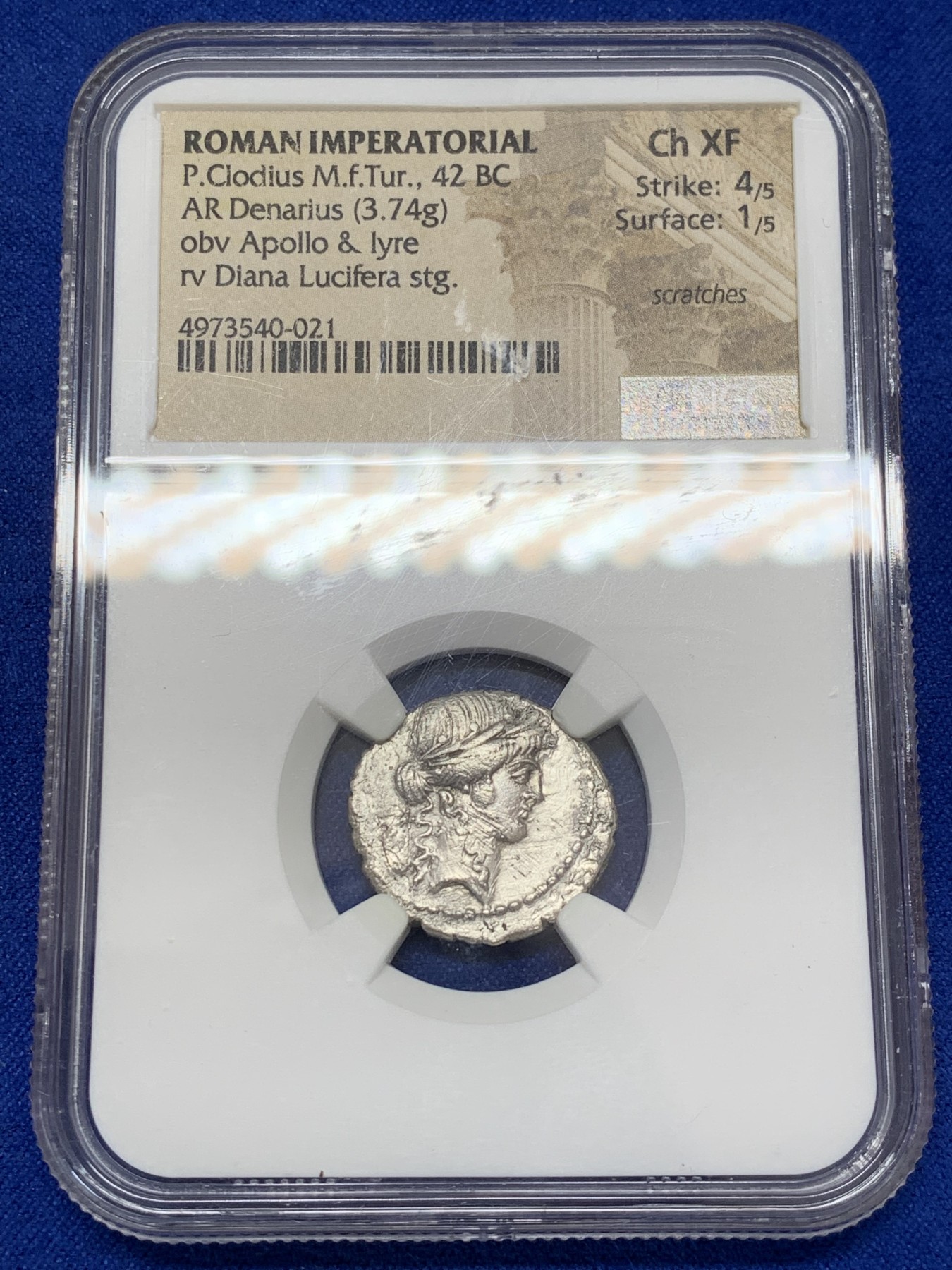 《竞宝斋》第207场-周日，周一 2场 (全场包邮) NGC-Ch XF 古罗马共和时期 阿波罗银币 背面狄安娜女神手握火炬 1狄纳里 3.76g