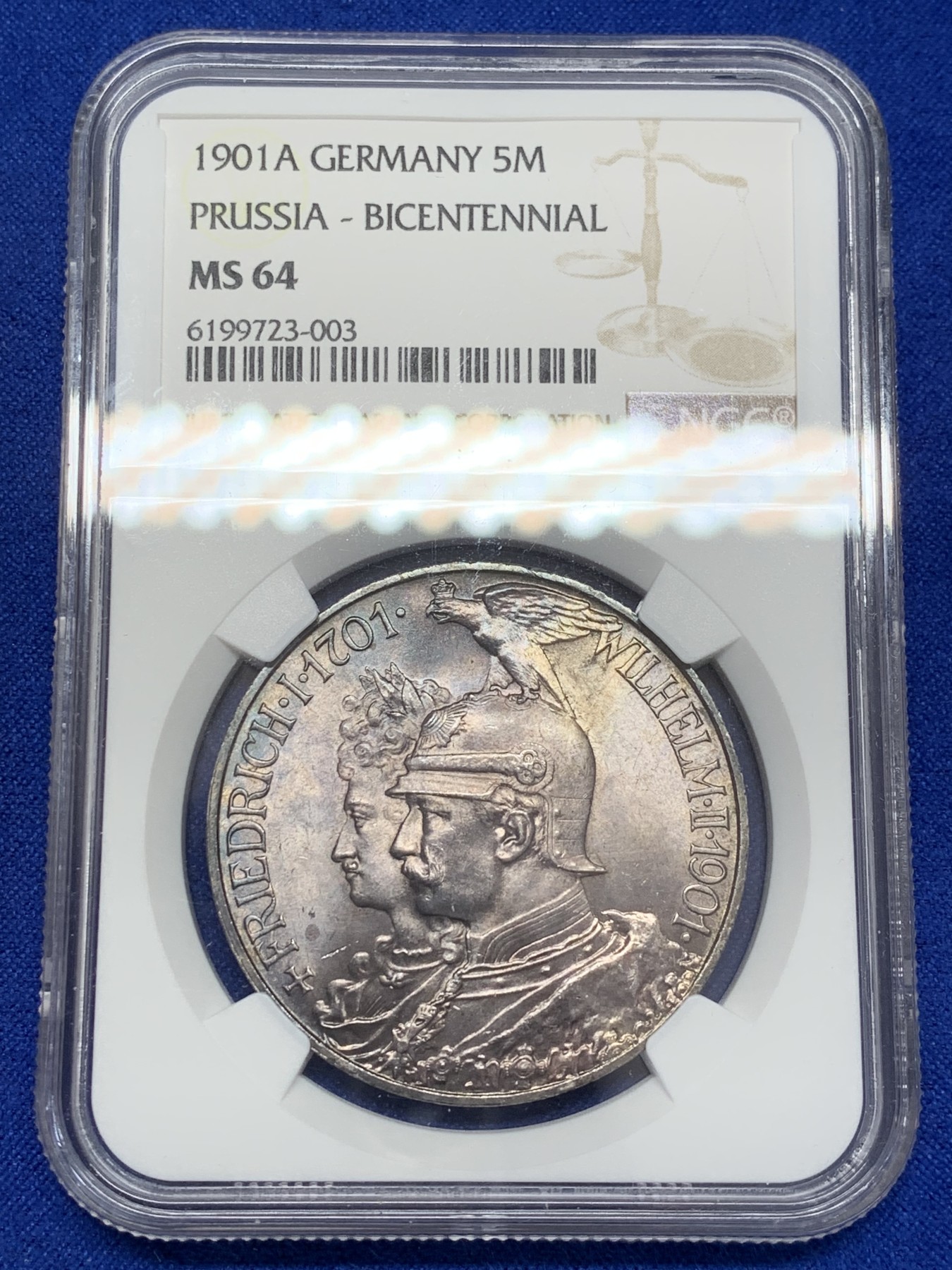 《竞宝斋》第207场-周日，周一 2场 (全场包邮) NGC-MS64 德国 普鲁士1901A 建国 5马克纪念银币 五马克人气品种卷首彩 光度好 难得