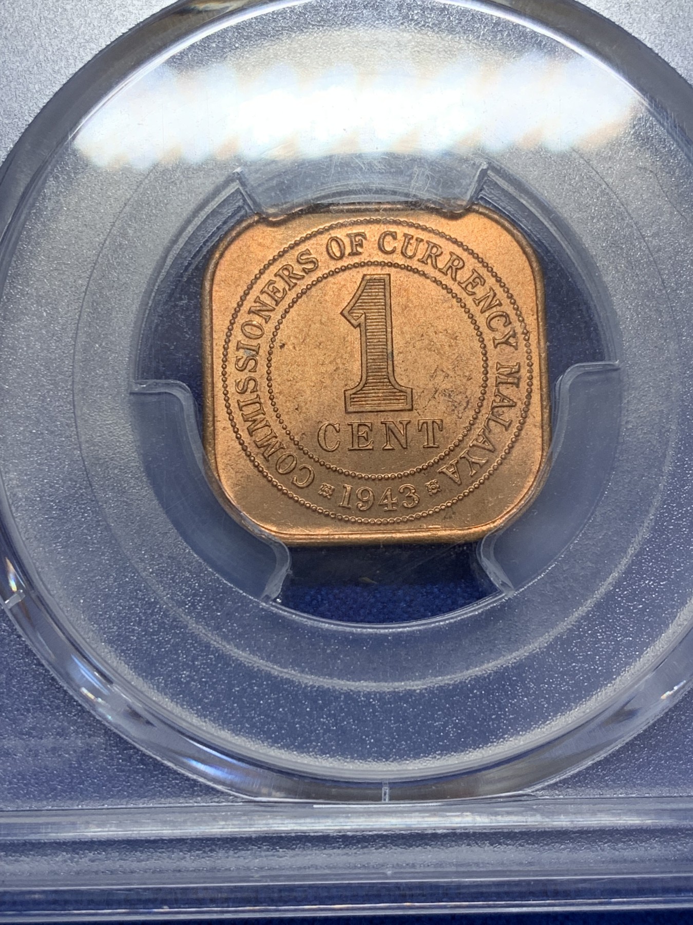 《竞宝斋》第207场-周日，周一 2场 (全场包邮) PCGS-MS66RD 英属马来亚 1943年 1分铜币 乔治六世 冠军分！极品原红铜光！