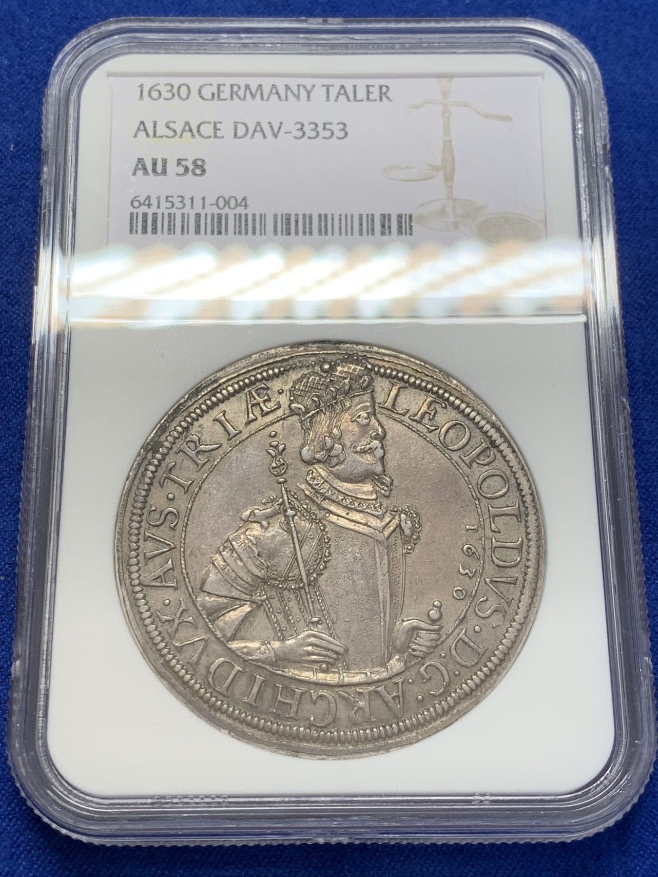 《竞宝斋》第207场-周日，周一 2场 (全场包邮) NGC-AU58分 神罗阿尔萨斯 1630年 泰勒银币 紫罗兰包浆 罕见版别 2022年Numismatik Zoettl裸币750欧成交