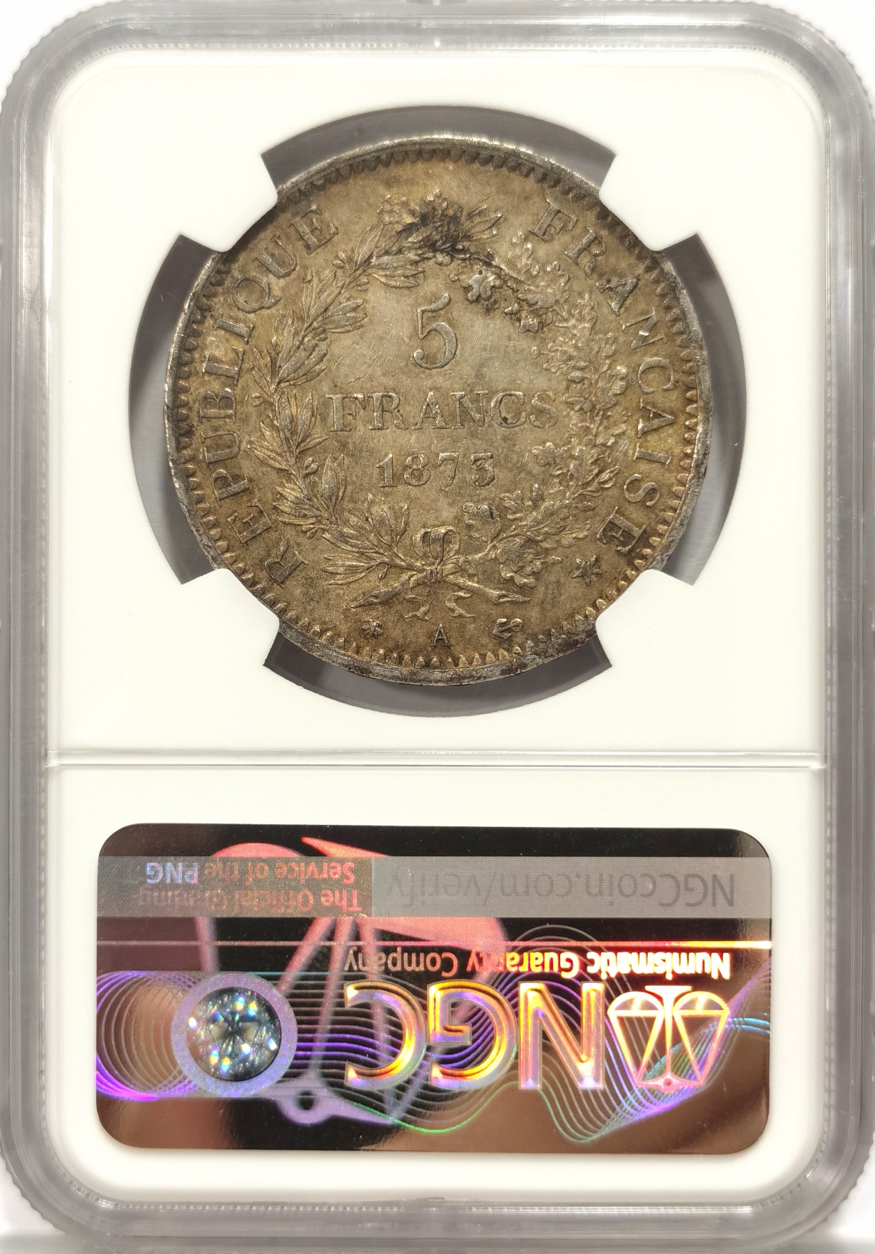 博洋堂世界钱币拍卖第048期（全场包邮） NGC AU55 法国1873年大力神银币，老包浆，味道足