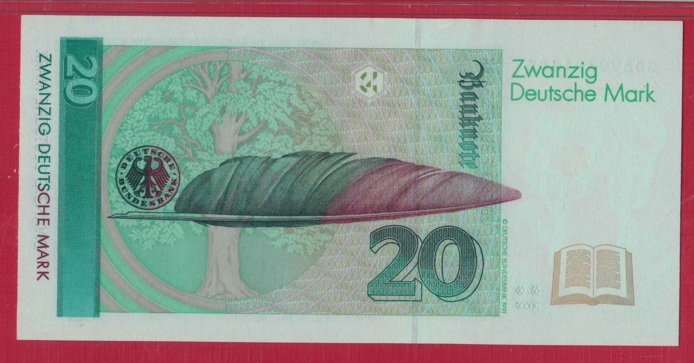 德国20马克 1993年 P-39b 无47 欧洲纸币 实物图 UNC