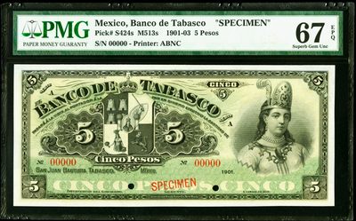 【Blue Auction】✨世界纸币精拍第383期——周日畅拍场【精】 - 【冠军分 墨西哥文化的母亲拉·马林奇（La Malinche）】墨西哥 1901-03年5比索 PMG67EPQ 高分样钞 背面格里哈尔瓦河岸风景唯美 正面人物非常传奇，酋长女儿曾沦为女奴卖给了“征服者”科尔特斯为其生子，凭借美貌、勇气和语言天赋成为阿兹特克帝国和西班牙殖民者之间的桥梁，深刻地改变了墨西哥的历史 