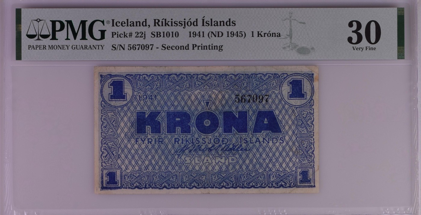 收藏联盟Quantum Auction 第298期拍卖  冰岛1941 (ND 1945)年1克朗 PMG30 号码无4