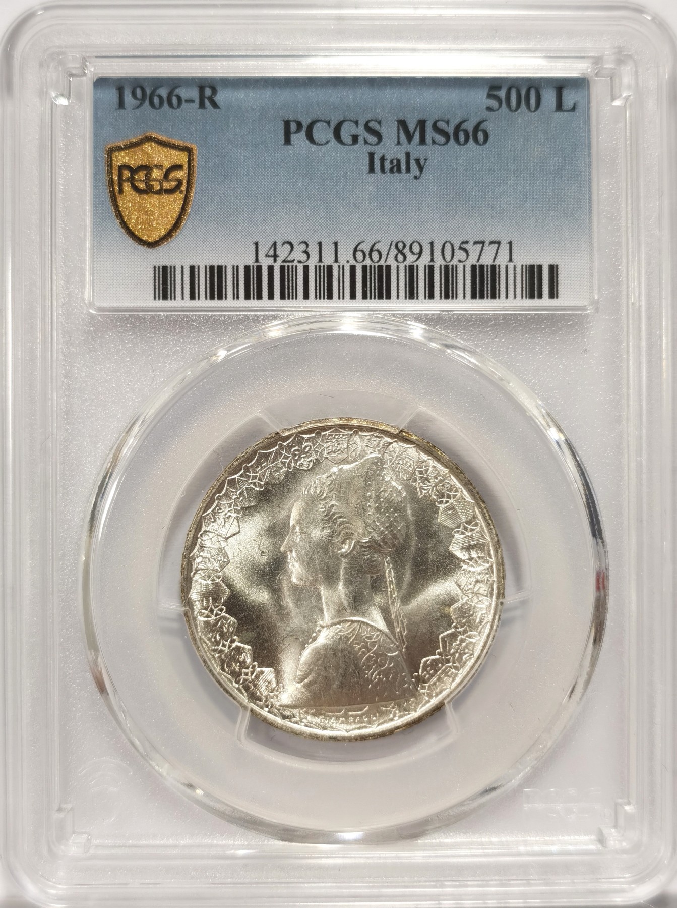 博洋堂世界钱币拍卖第048期（全场包邮） PCGS 亚军 MS66 意大利1966年卷拆帆船女神500里拉银币 拆了一卷50枚送评，最高只有几个66，高分难得