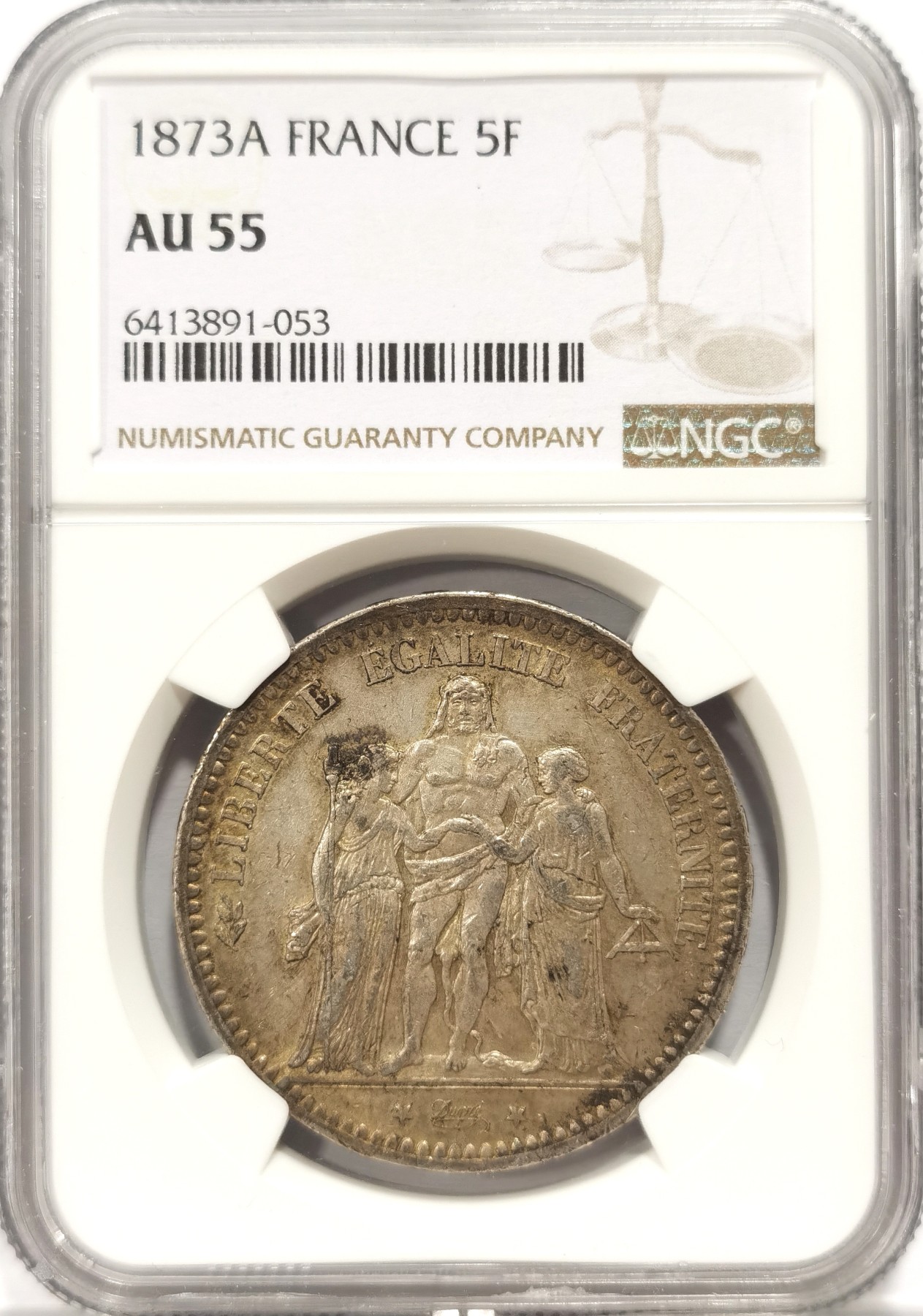 博洋堂世界钱币拍卖第048期（全场包邮） NGC AU55 法国1873年大力神银币，老包浆，味道足