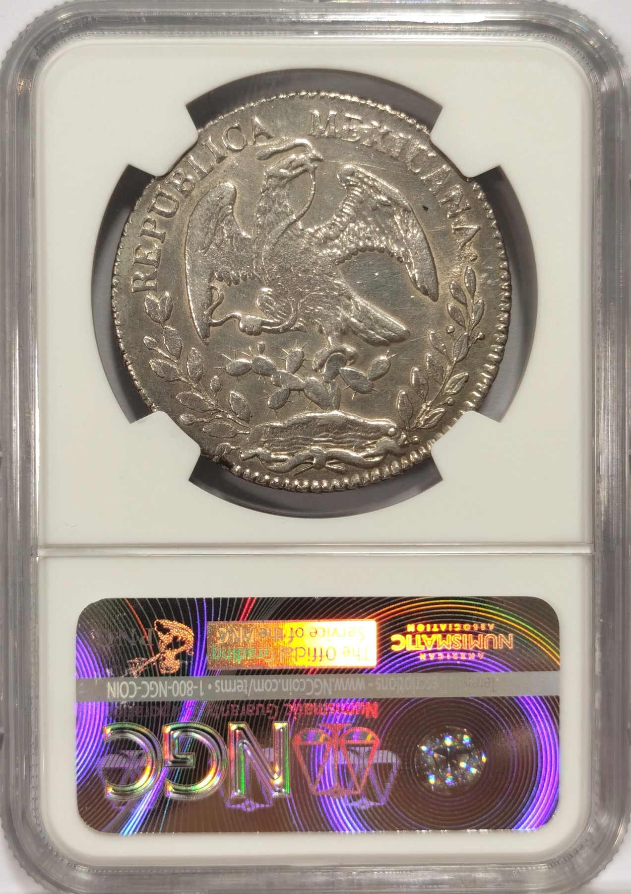 博洋堂世界钱币拍卖第048期（全场包邮） NGC AU 墨西哥1863年CE ML版花边鹰洋，大名誉品，鹰洋14个厂里唯一的只发行了一年的厂，大全套必备